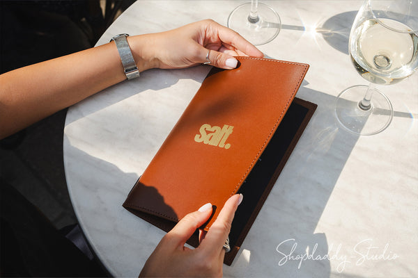 Brown Menu Cover with Stitching and Elastic Band