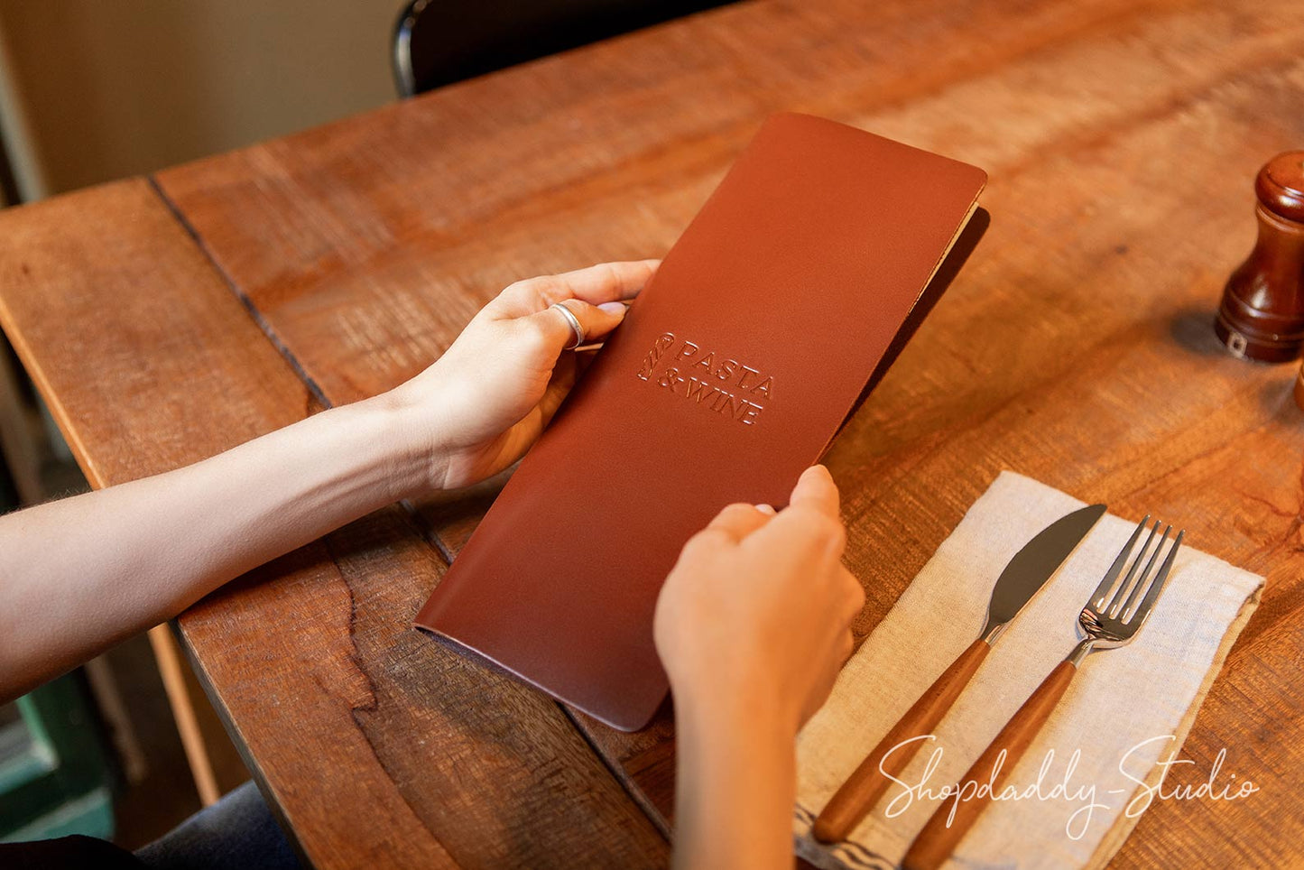 Brown Thick Leather Menu Cover with Brass Plank