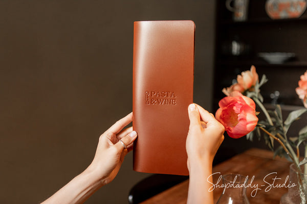 Brown Thick Leather Menu Cover with Brass Plank and Logo