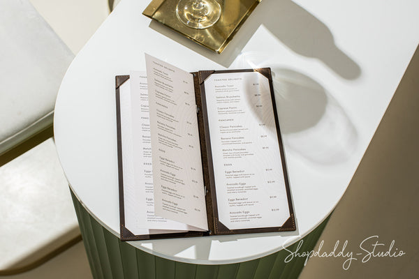 Chocolate Double Leather Menu Folder with Corners and logo