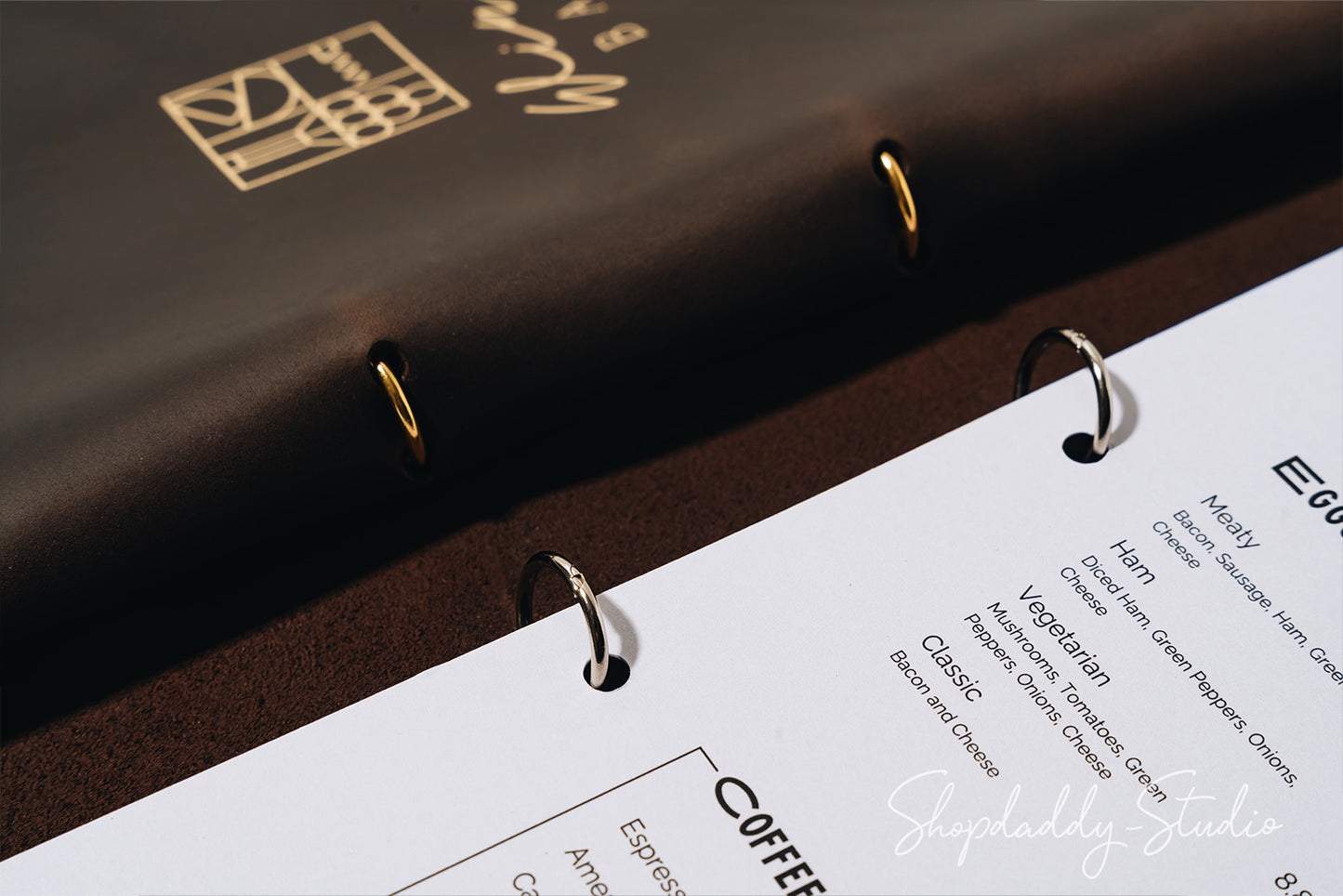 Chocolate Leather Menu Book with Steel Rings for wedding