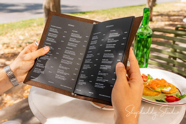 Chocolate Leather Menu Folder with Two Elastic Bands for drinks