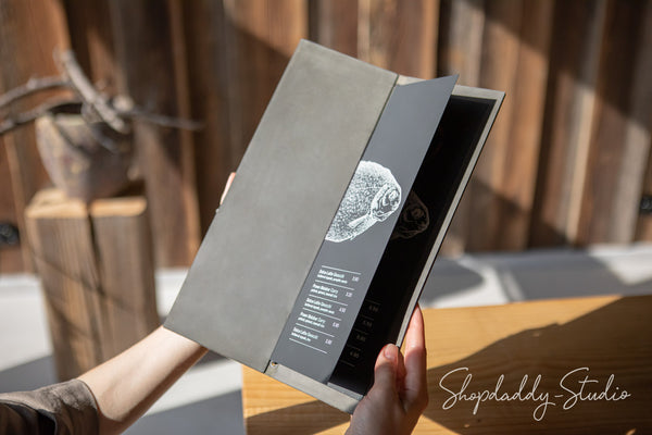 Green-Gray Double Leather Menu Cover with Elastic Band with your logo