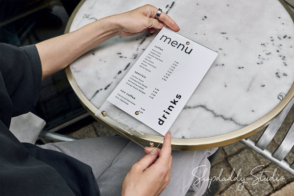 Clear Acrylic Menu Holder with Brass Bolts for Cafes and Bars