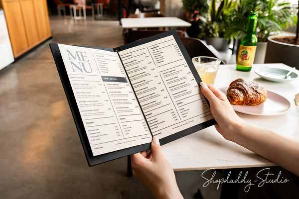 Custom Black Double Leather Menu Holder with Elastic Band