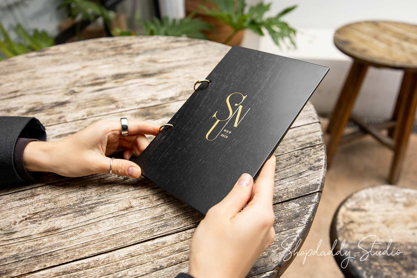 Custom Black Plywood Menu Book with Golden Rings