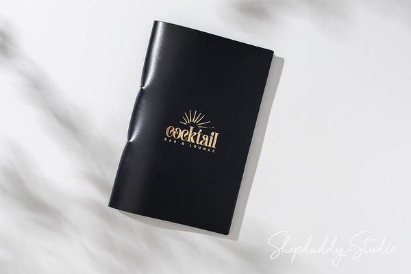 Custom Black Thick Leather Menu Cover with Golden Rings
