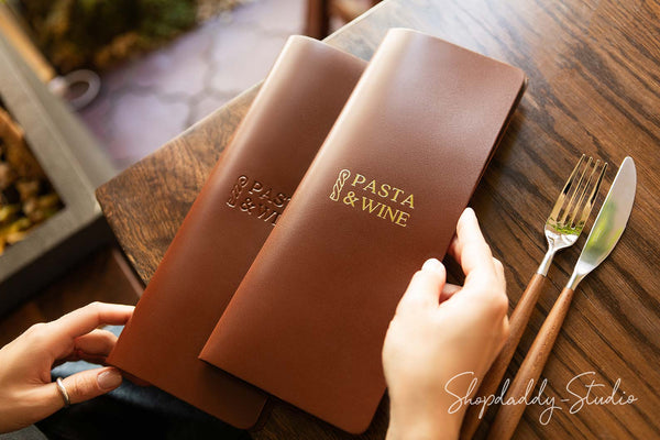 Custom Brown Leather Menu Book with Brass Plank and Logo
