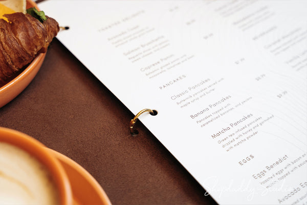 Custom Brown Leather Menu Book with Golden Rings for bar