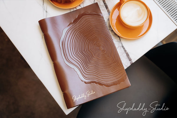 Custom Brown Leather Menu Book with Golden Rings for restaurant