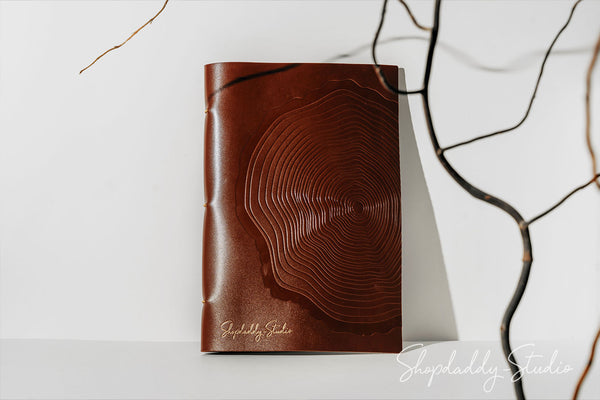 Custom Brown Leather Menu Booklet with Golden Rings for restaurant with logo