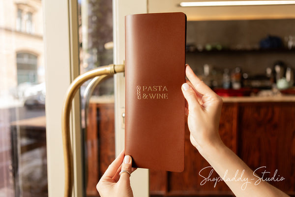 Custom Brown Thick Leather Menu Booklet with Brass Plank and Logo
