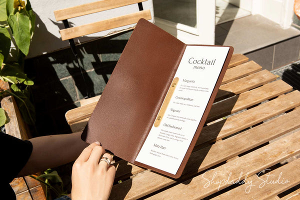 Custom Brown Thick Leather Menu Folder with Brass Plank and Logo