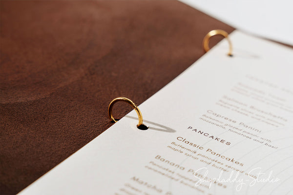 Custom Brown Thick Leather Menu Folder with Golden Rings for cafe