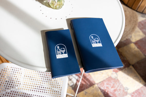 Custom Dark Blue Thick Leather Menu Cover with Elastic Band