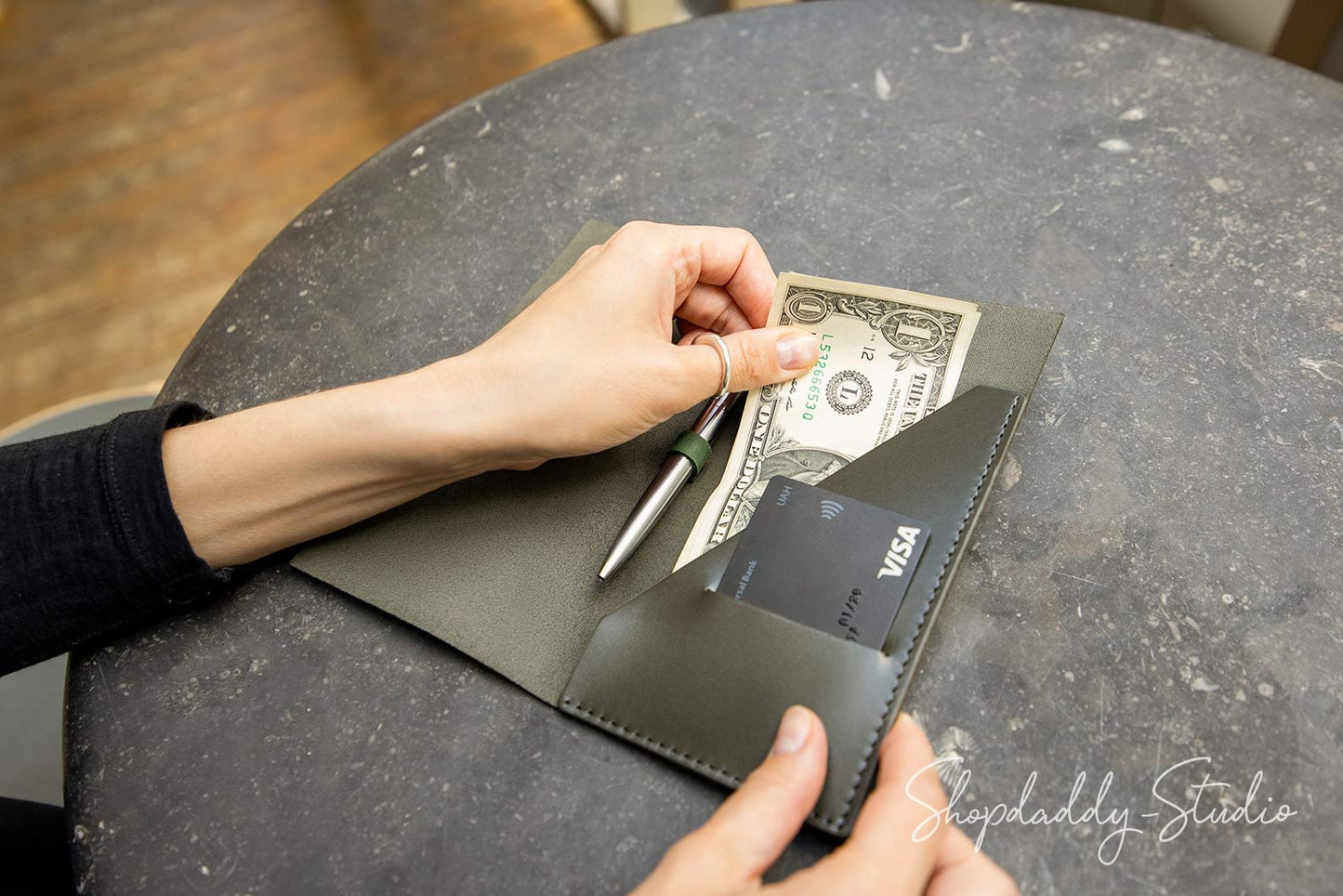 Custom Green Italian Leather Bill Holder with Pen Loop for bar