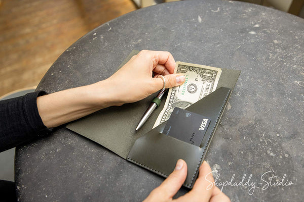 Custom Green Italian Leather Bill Holder with Pen Loop for bar