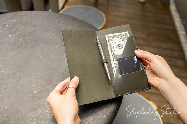 Custom Green Italian Leather Check Presenter with Pen Loop for restaurant