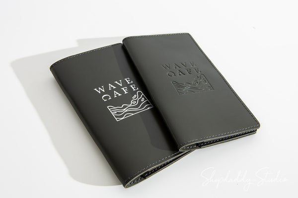 Custom Green Italian Leather Server Book With Wave Pockets for bar