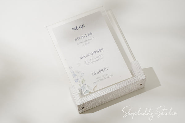 Custom White Wooden/Acrylic Table Top Menu Stand in details