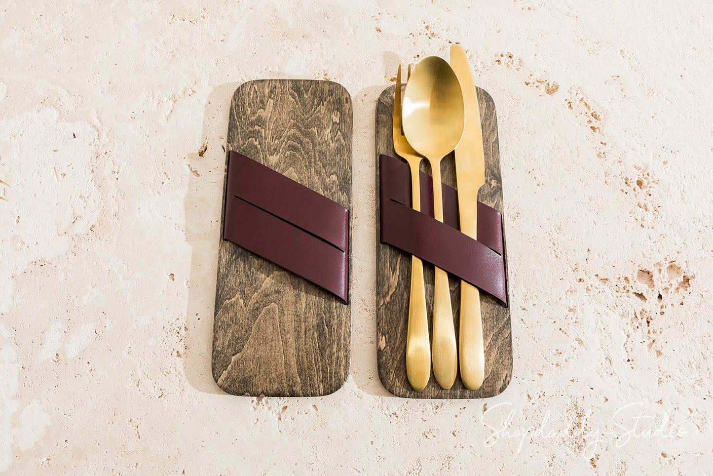 Custom Wood Cutlery Holder With Leather Strap
