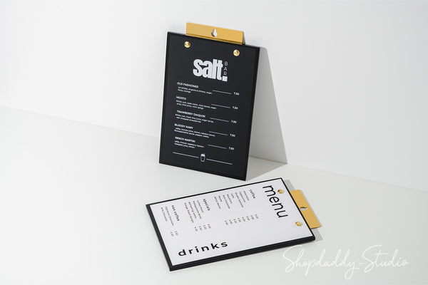 Custom Wood Menu Board With Brass Wall Mount for cocktail menu