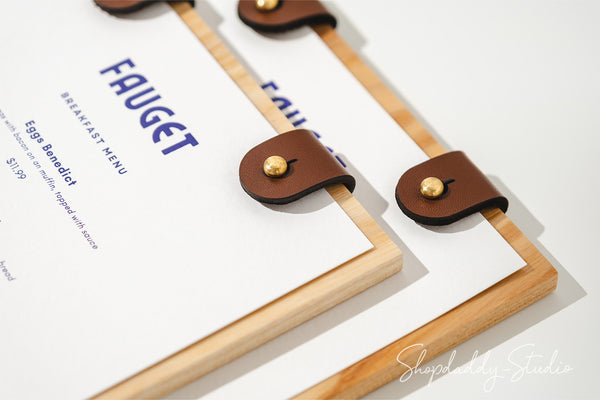 Custom Wood Menu Holder with Two Leather Clasps