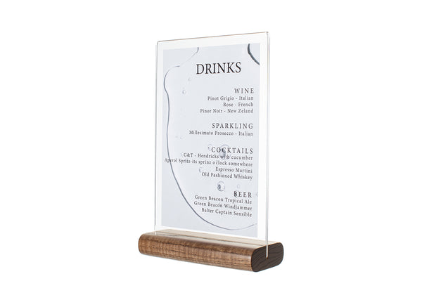 Acrylic Table Tent with Walnut Wood Rounded Stand