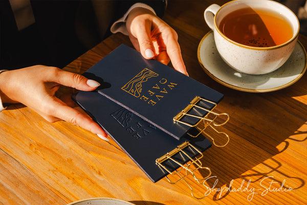 Dark Blue Leather Check Presenter with Golden Binder for cafe