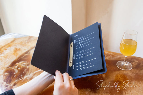 Dark Blue Thick Leather Menu Folder with Brass Plank for restaurant