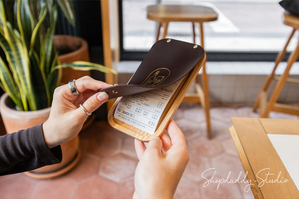 Dark Brown Leather / Ashwood Check Presenter for Restaurant