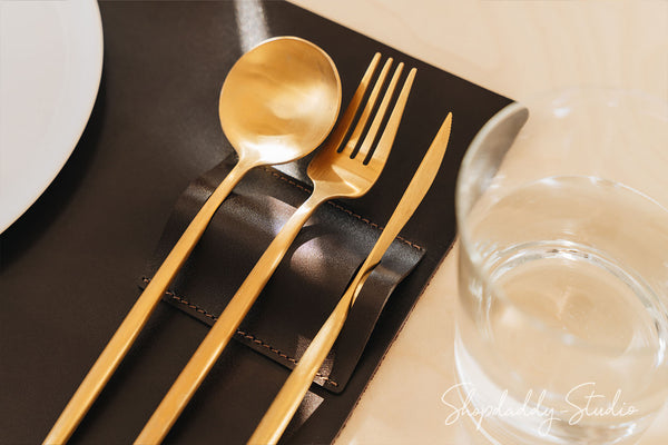 Dark Brown Thick Leather Placemats with Built-In Cutlery Holder for cafe