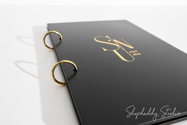 Durable Black Plywood Menu Book with Golden Rings