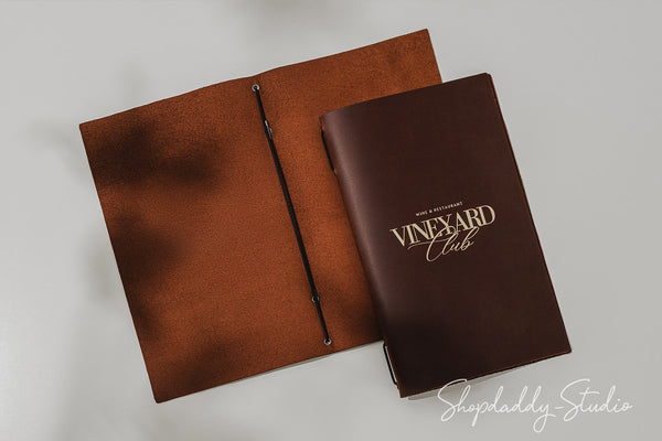 Durable Brown Leather Menu Cover with Elastic Band