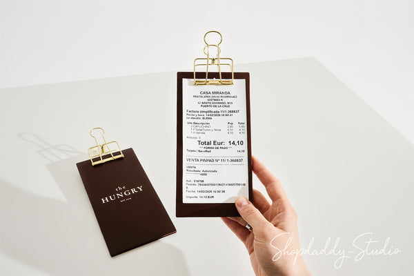 Durable Dark Brown Leather Check Holder with Golden Binder