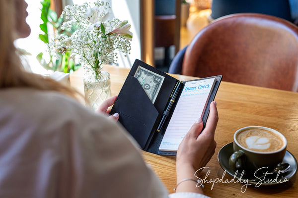Elegant Black Leather Server Book with Pen Loop