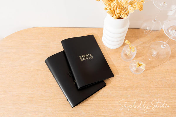 Elegant Black Thick Leather Menu Cover With Logo