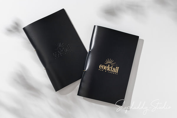 Elegant Black Thick Leather Menu Cover with Golden Rings