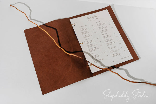 Elegant Brown Leather Menu Booklet with Golden Rings for restaurant with logo
