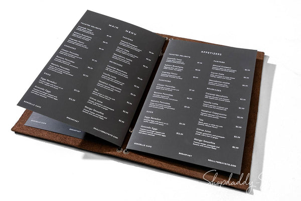 Elegant Chocolate Leather Menu Folder with Two Elastic Bands in details