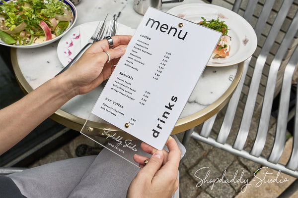 Elegant Clear Acrylic Menu Holder with Brass Bolts