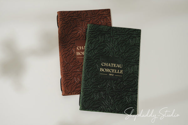 Elegant Green Leather Menu Cover with Leaf Pattern