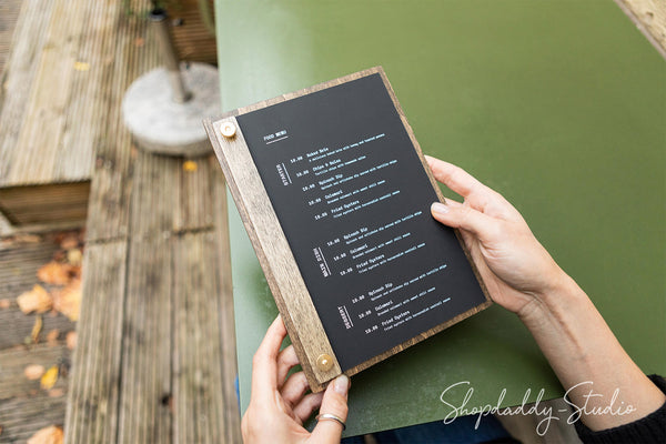Elegant wooden menu holder for cafe bar