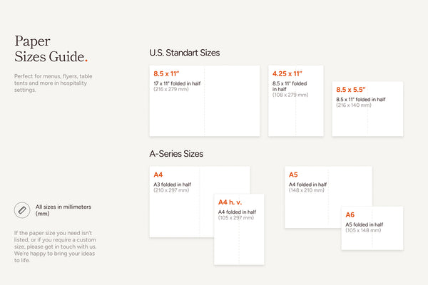 Paper sizes guide with U.S. Standard and A-Series sizes on a white background