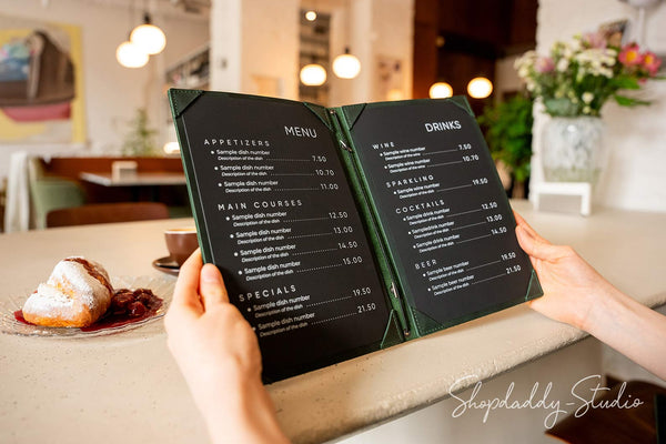 Green Double Leather Menu Booklet with Corners for restaurant