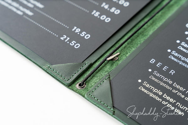 Green Double Leather Menu Case with Corners for bar