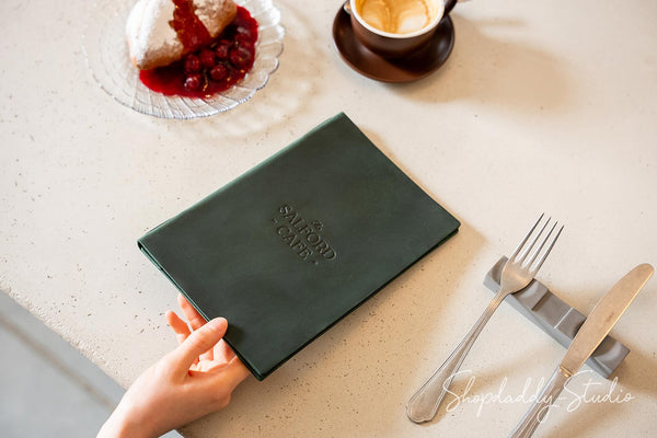 Green Double Leather Menu Case with Corners for restaurant