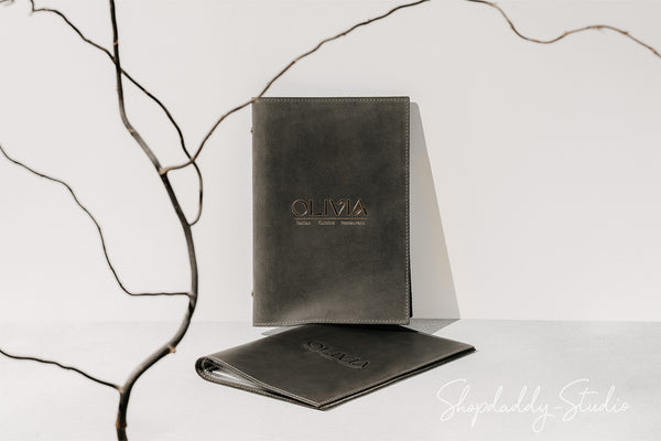 Green Gray Leather Menu Cover With Plastic Sleeves