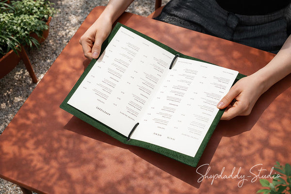 Green Leather Menu Folder with Leather Lace for Hotels