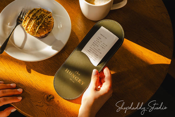Green Leather Rounded Bill Holder for restaurant